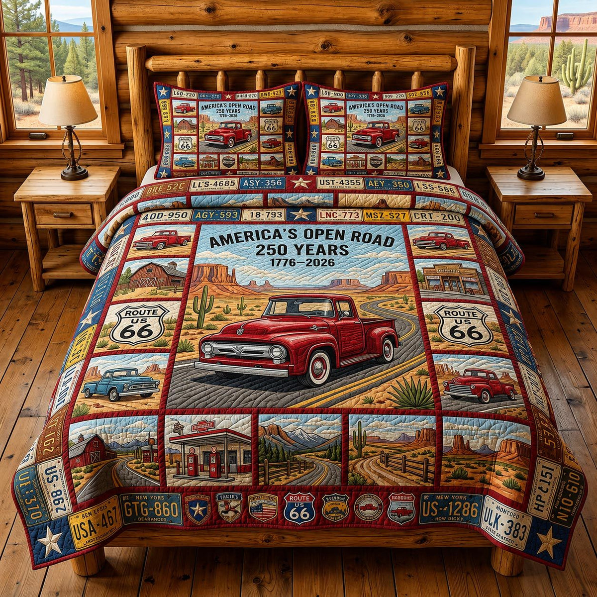 Patriot Route quilted 3-piece bedding set on a made bed in a warmly lit bedroom