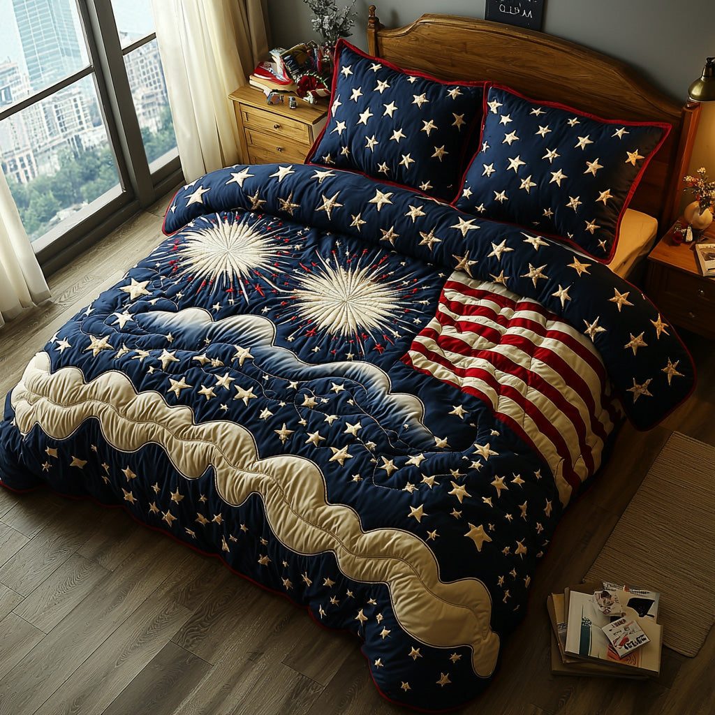 Patriot Spark quilted 3-piece bedding set on a made bed in a warmly lit bedroom