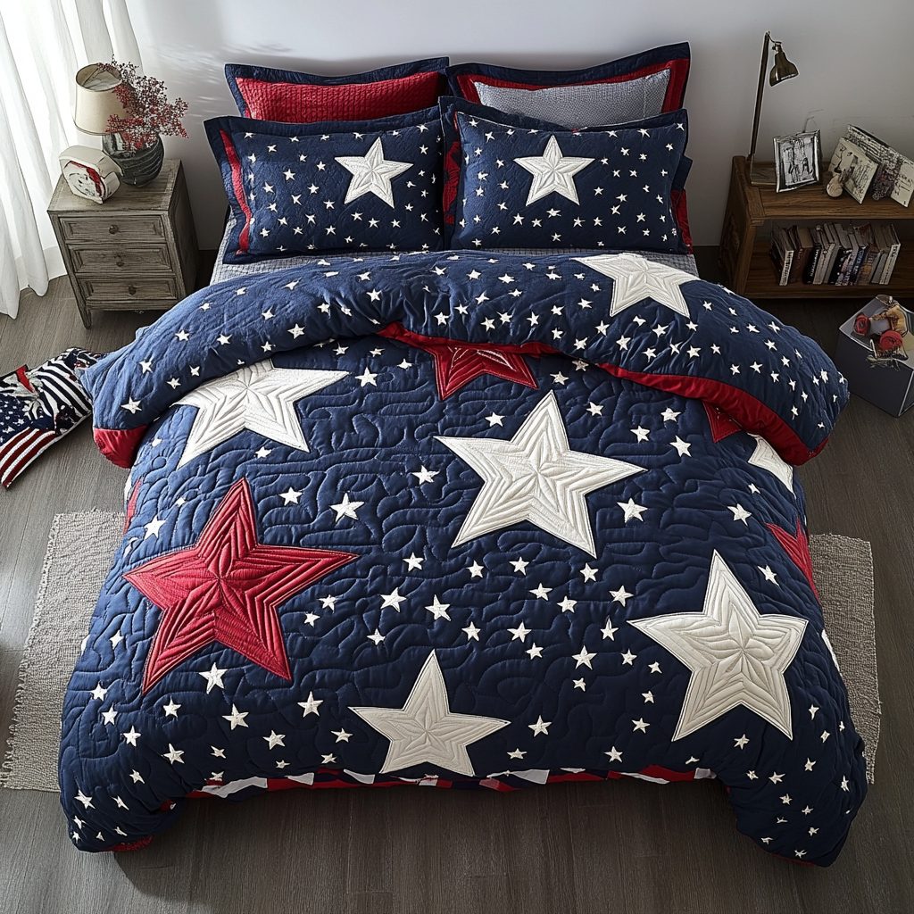 Patriot Star quilted 3-piece bedding set on a made bed in a warmly lit bedroom