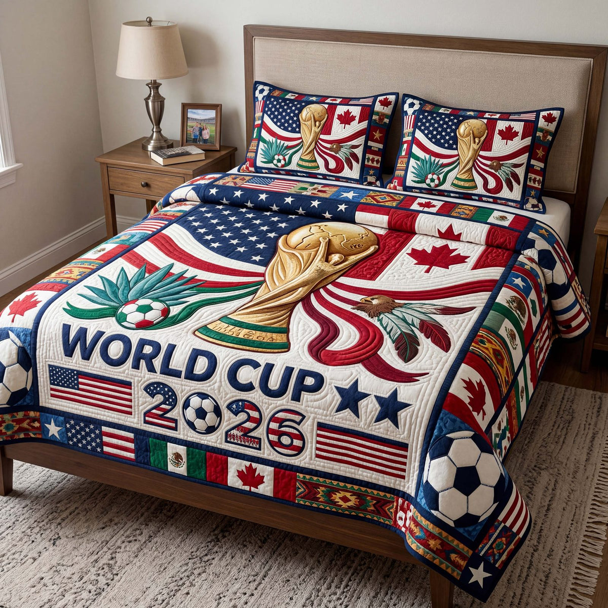 Patriot Trophy quilted 3-piece bedding set on a made bed in a warmly lit bedroom