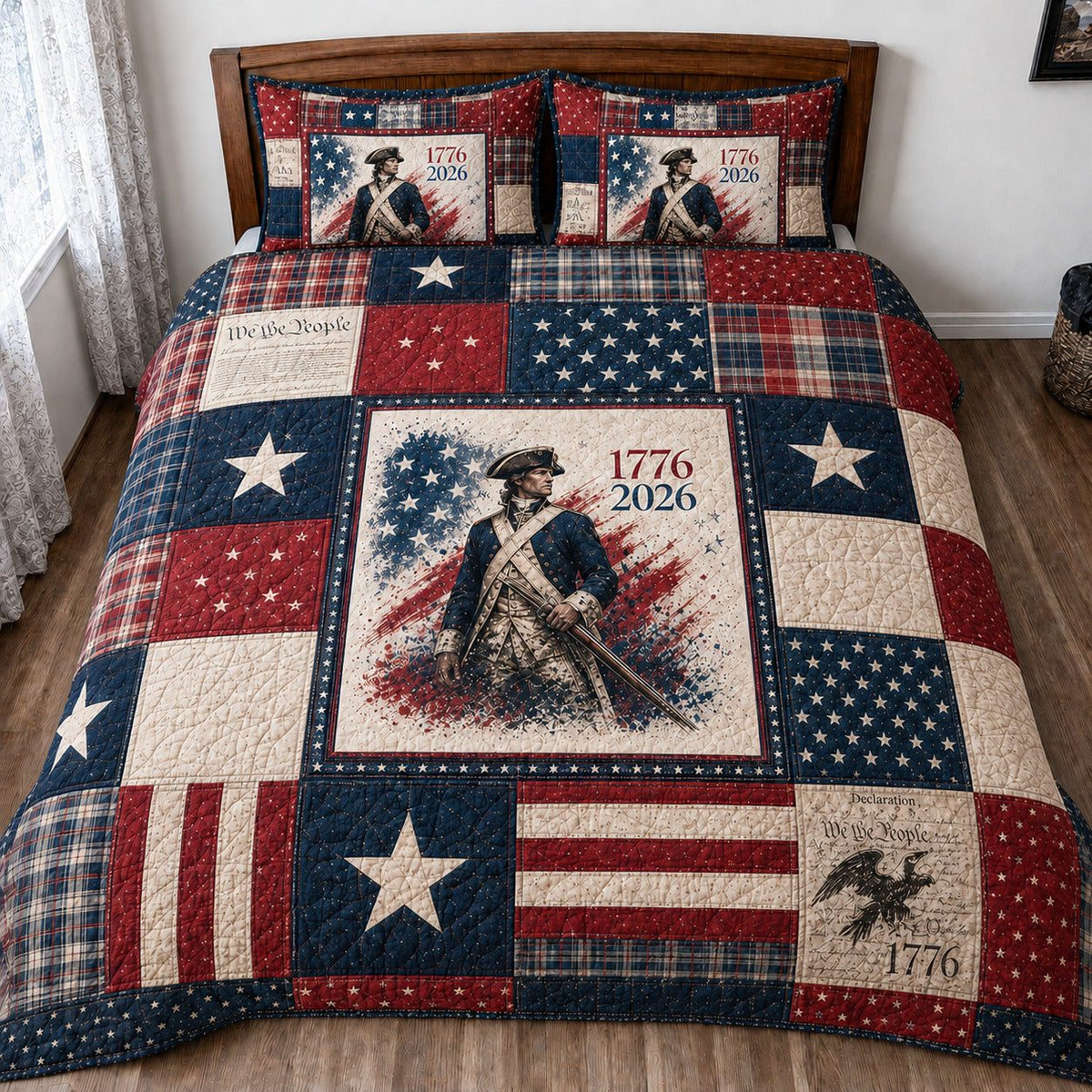 Patriotic Americana quilted 3-piece bedding set on a made bed in a warmly lit bedroom