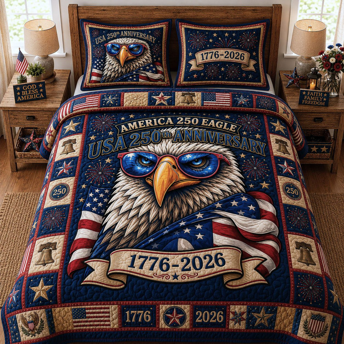 Patriotic Bald Eagle quilted 3-piece bedding set on a made bed in a warmly lit bedroom