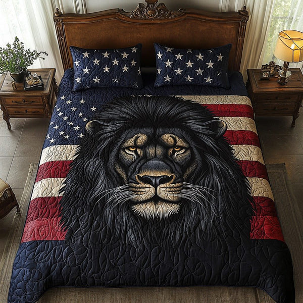 Patriotic Black Lion quilted 3-piece bedding set on a made bed in a warmly lit bedroom