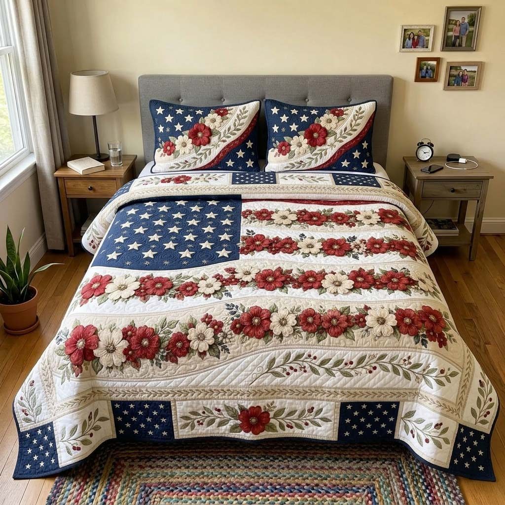 Patriotic Bloom quilted 3-piece bedding set on a made bed in a warmly lit bedroom