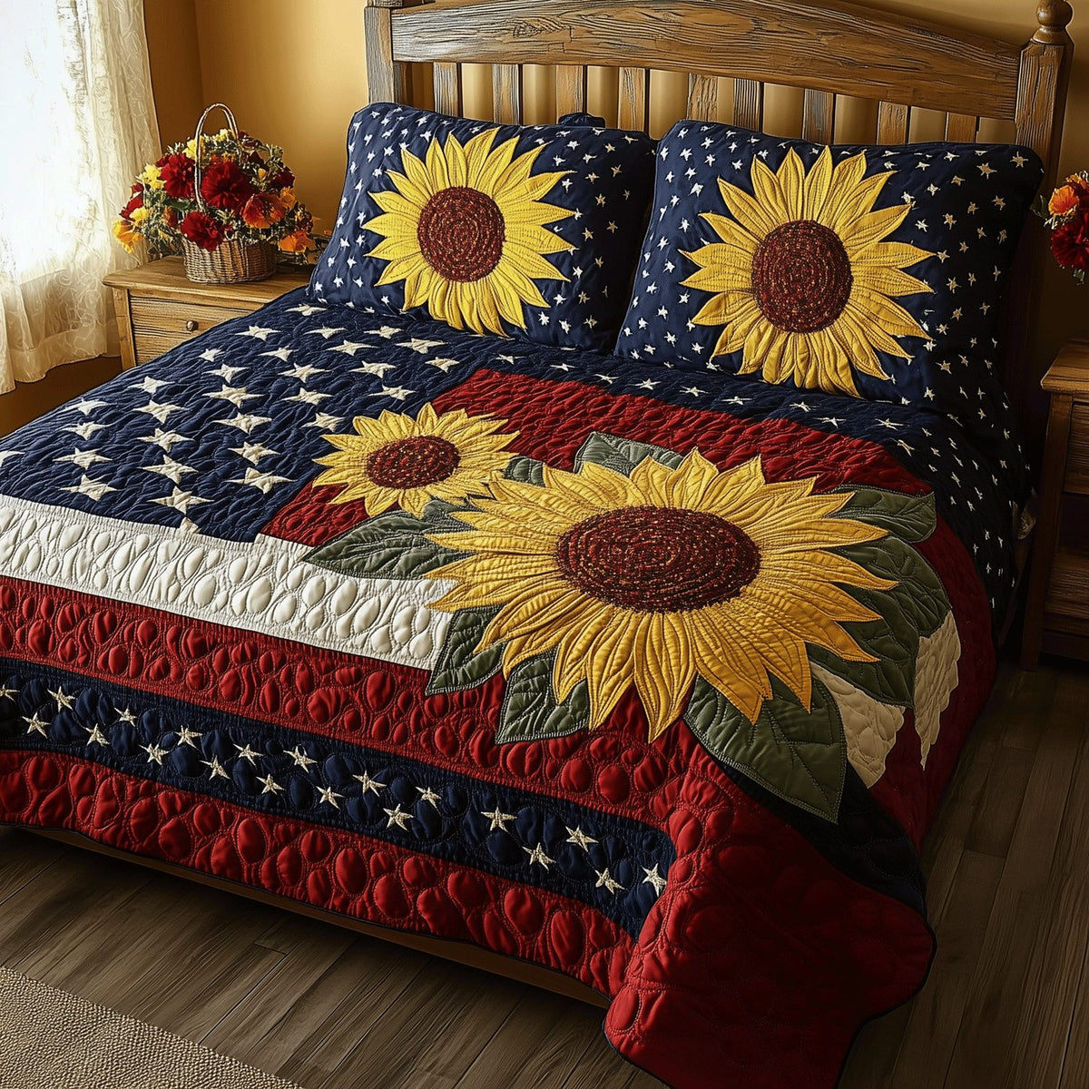 Patriotic Blossoms quilted 3-piece bedding set on a made bed in a warmly lit bedroom