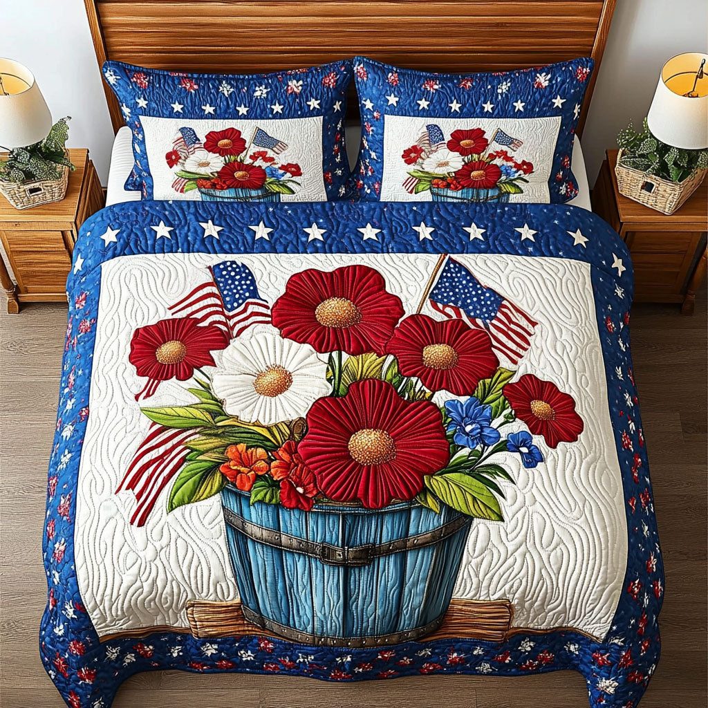 Patriotic Bouquet quilted 3-piece bedding set on a made bed in a warmly lit bedroom