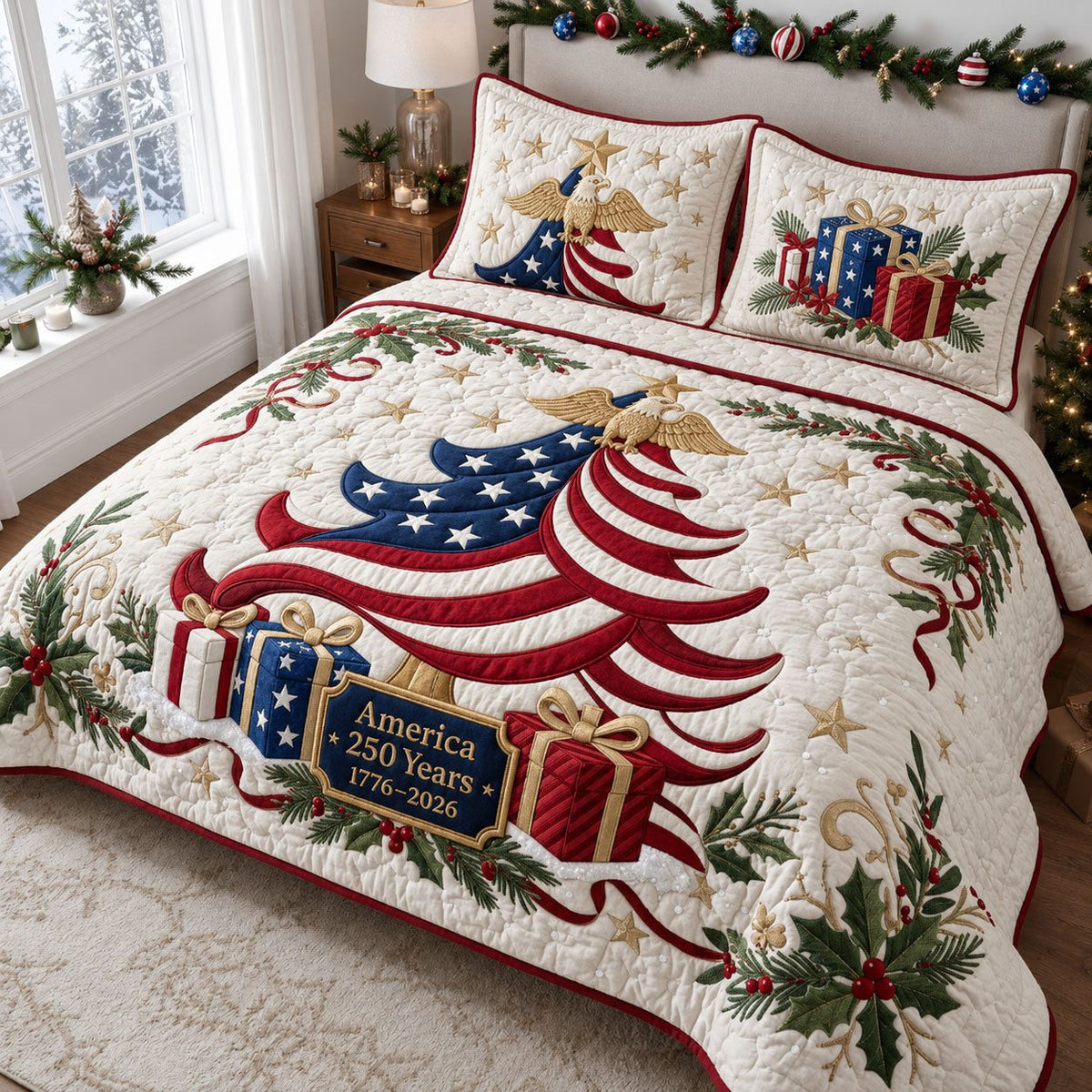 Patriotic Christmas Tree quilted 3-piece bedding set on a made bed in a winter-styled bedroom