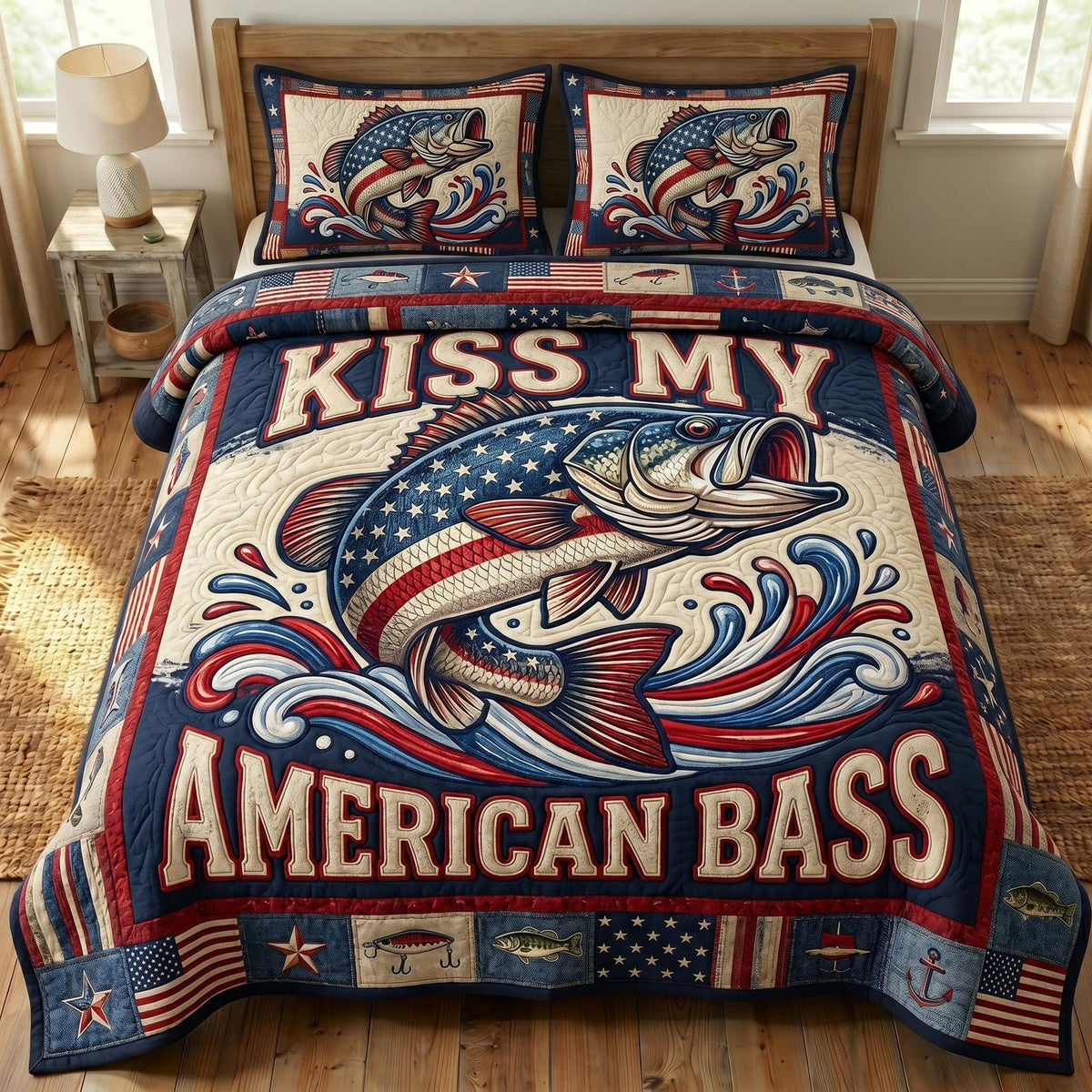 Patriotic Fishing quilted 3-piece bedding set on a made bed in a warmly lit bedroom