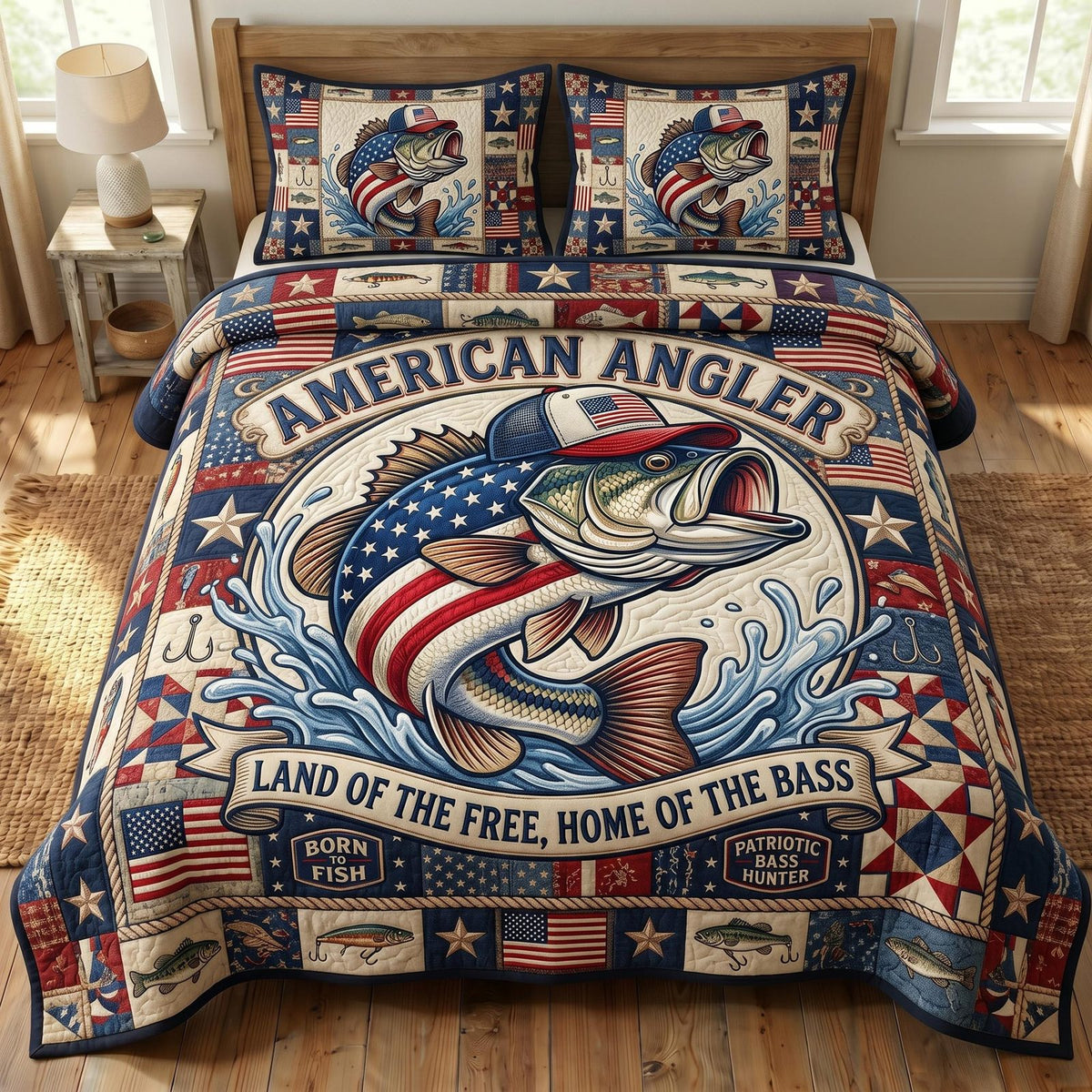 Patriotic Fishing quilted 3-piece bedding set on a made bed in a warmly lit bedroom