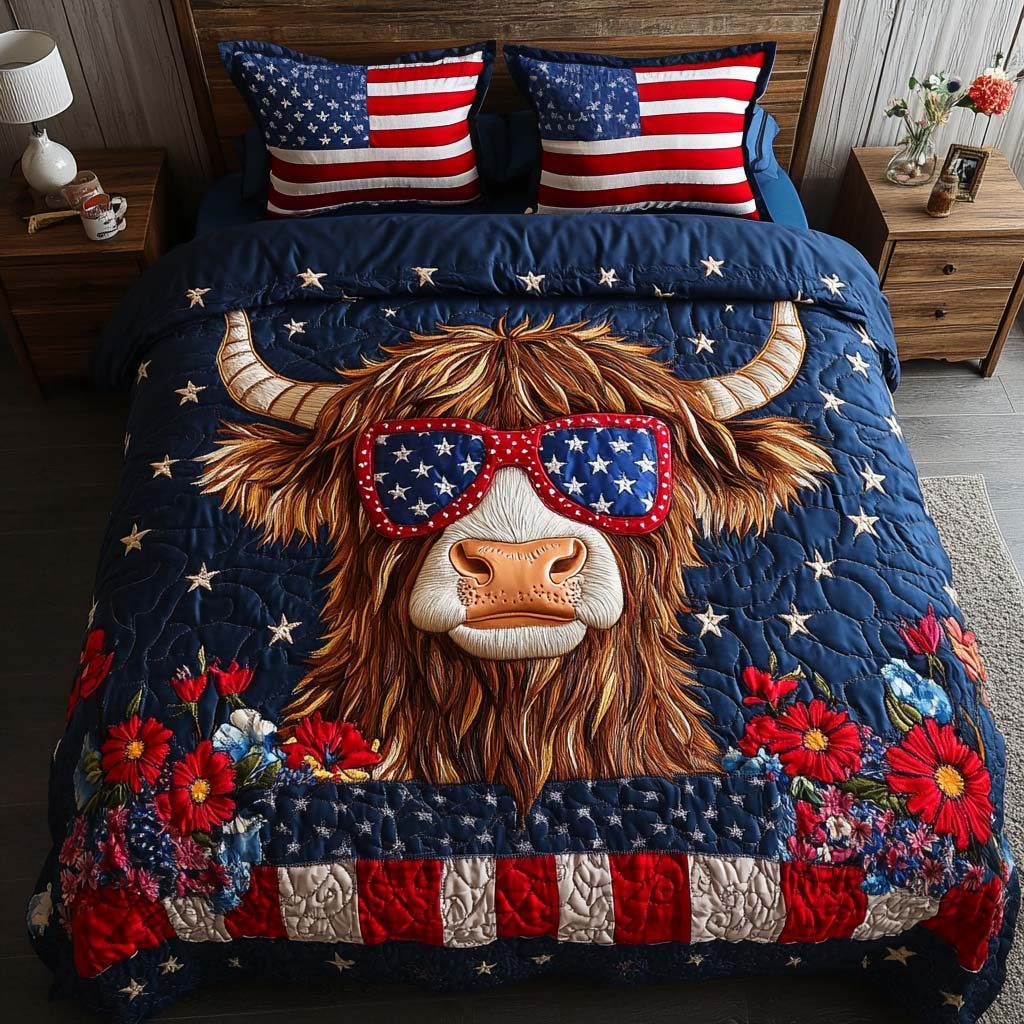 Patriotic Highland quilted 3-piece bedding set on a made bed in a warmly lit bedroom