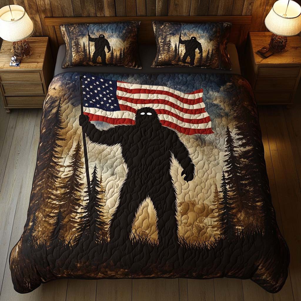 Patriotic Legend quilted 3-piece bedding set on a made bed in a warmly lit bedroom