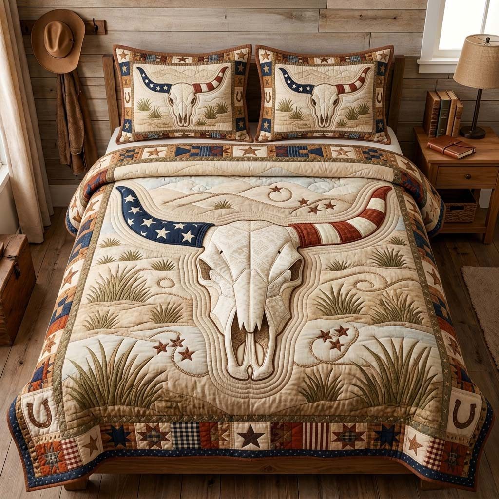 Patriotic Longhorn quilted 3-piece bedding set on a made bed in a warmly lit bedroom
