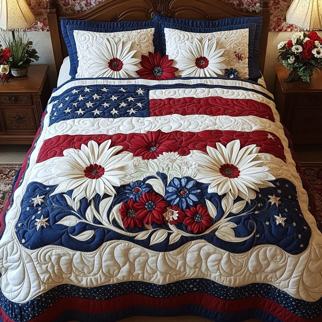 Patriotic Petals quilted 3-piece bedding set on a made bed in a warmly lit bedroom