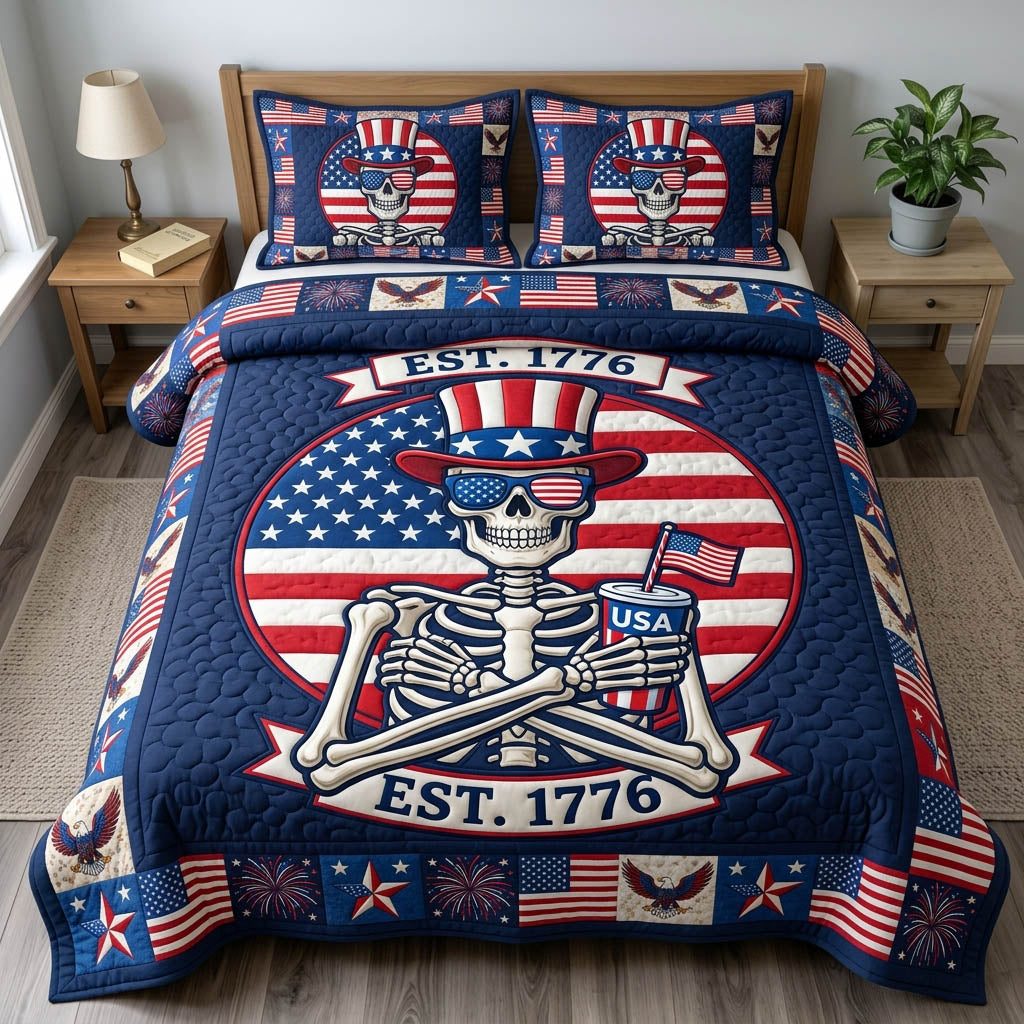Patriotic Skull quilted 3-piece bedding set on a made bed against a dark styled interior