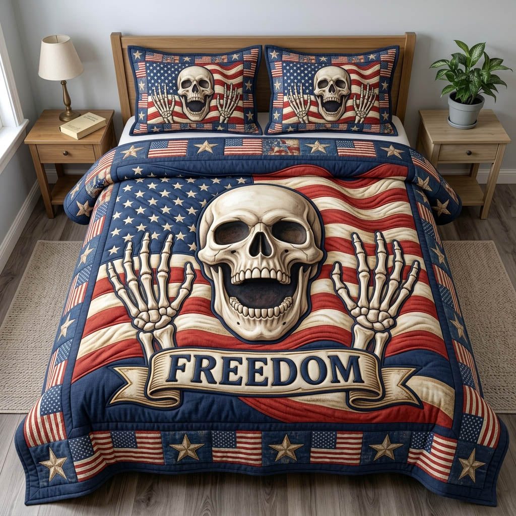 Patriotic Skull quilted 3-piece bedding set on a made bed against a dark styled interior