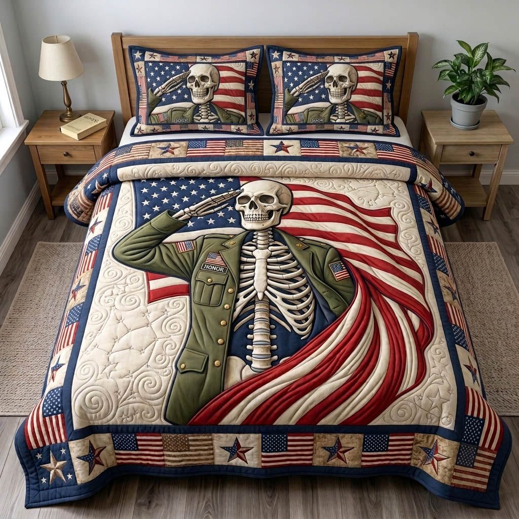 Patriotic Skull quilted 3-piece bedding set on a made bed against a dark styled interior
