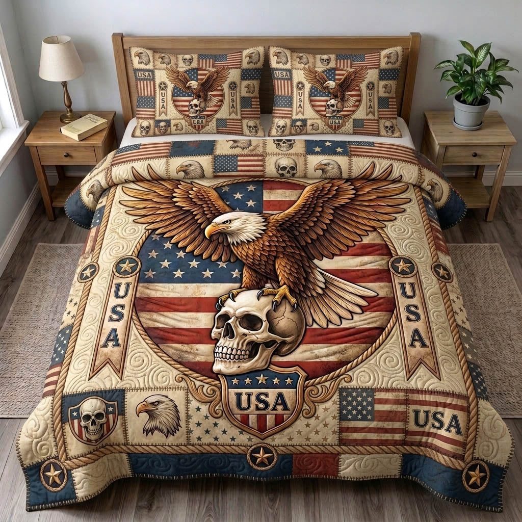 Patriotic Skull quilted 3-piece bedding set on a made bed against a dark styled interior
