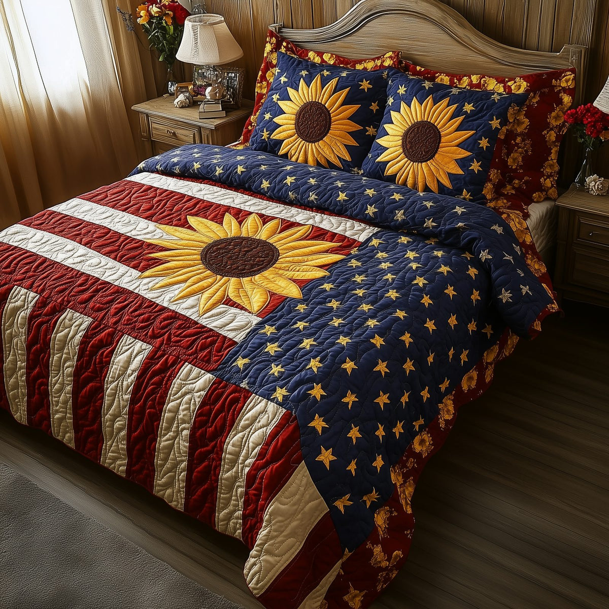 Patriotic Sunflower quilted 3-piece bedding set on a made bed in a warmly lit bedroom