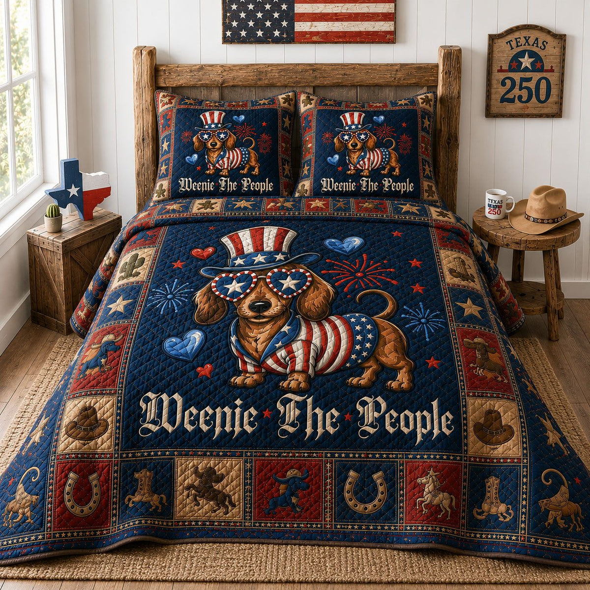 Patriotic Texas Dachshund Western quilted 3-piece bedding set on a made bed in a warmly lit bedroom