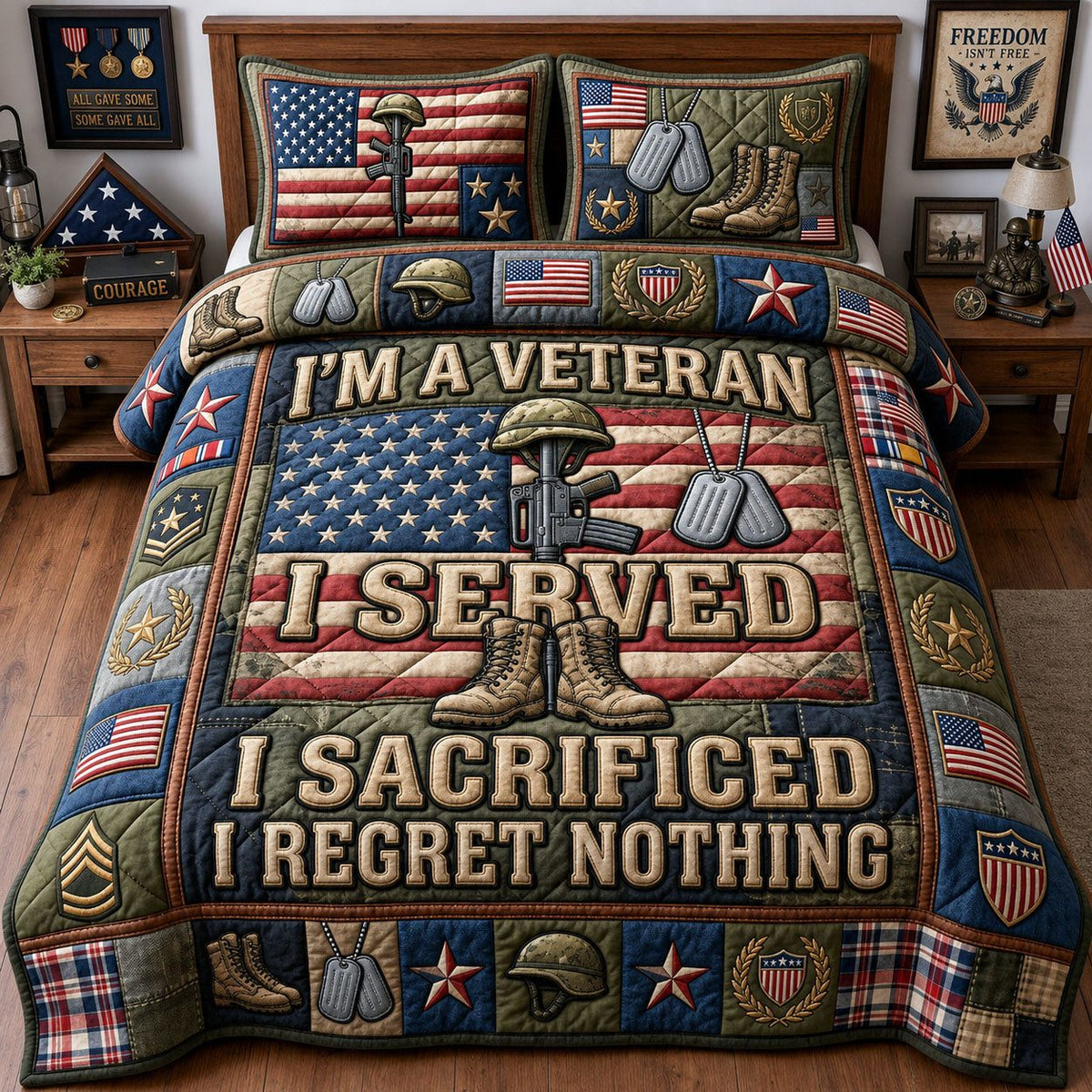 Patriotic Veteran quilted 3-piece bedding set on a made bed in a warmly lit bedroom