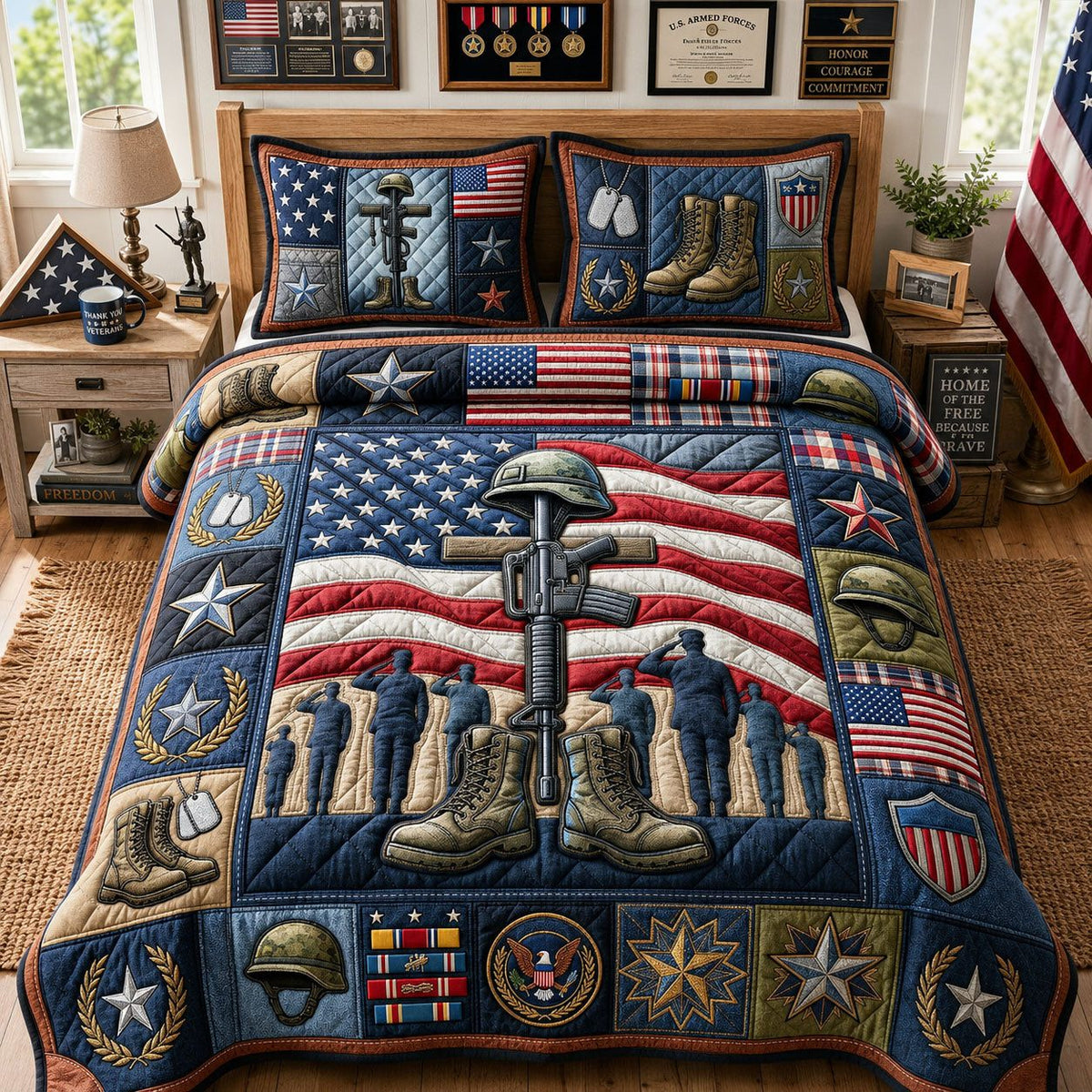 Patriotic Veteran quilted 3-piece bedding set on a made bed in a warmly lit bedroom