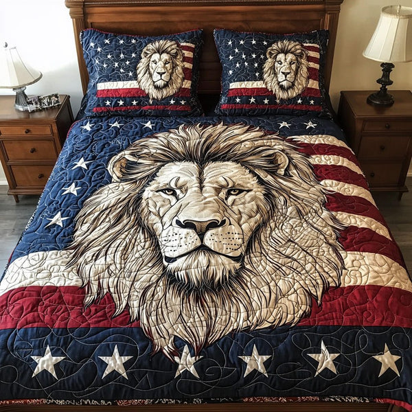 Patriotic White Lion quilted 3-piece bedding set on a made bed in a warmly lit bedroom