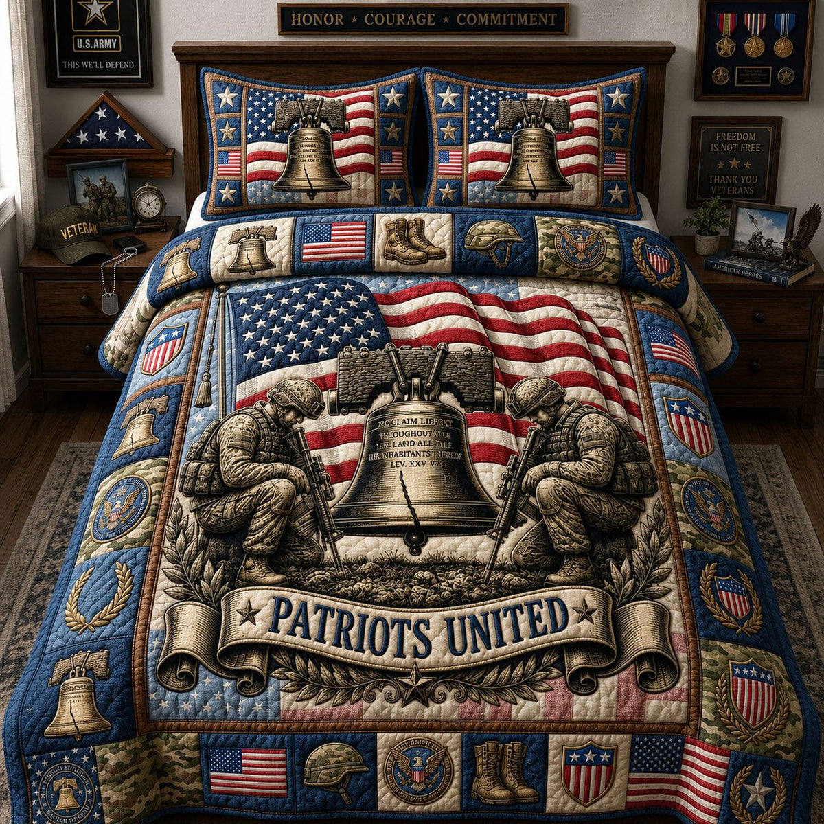 Patriots United quilted 3-piece bedding set on a made bed in a warmly lit bedroom
