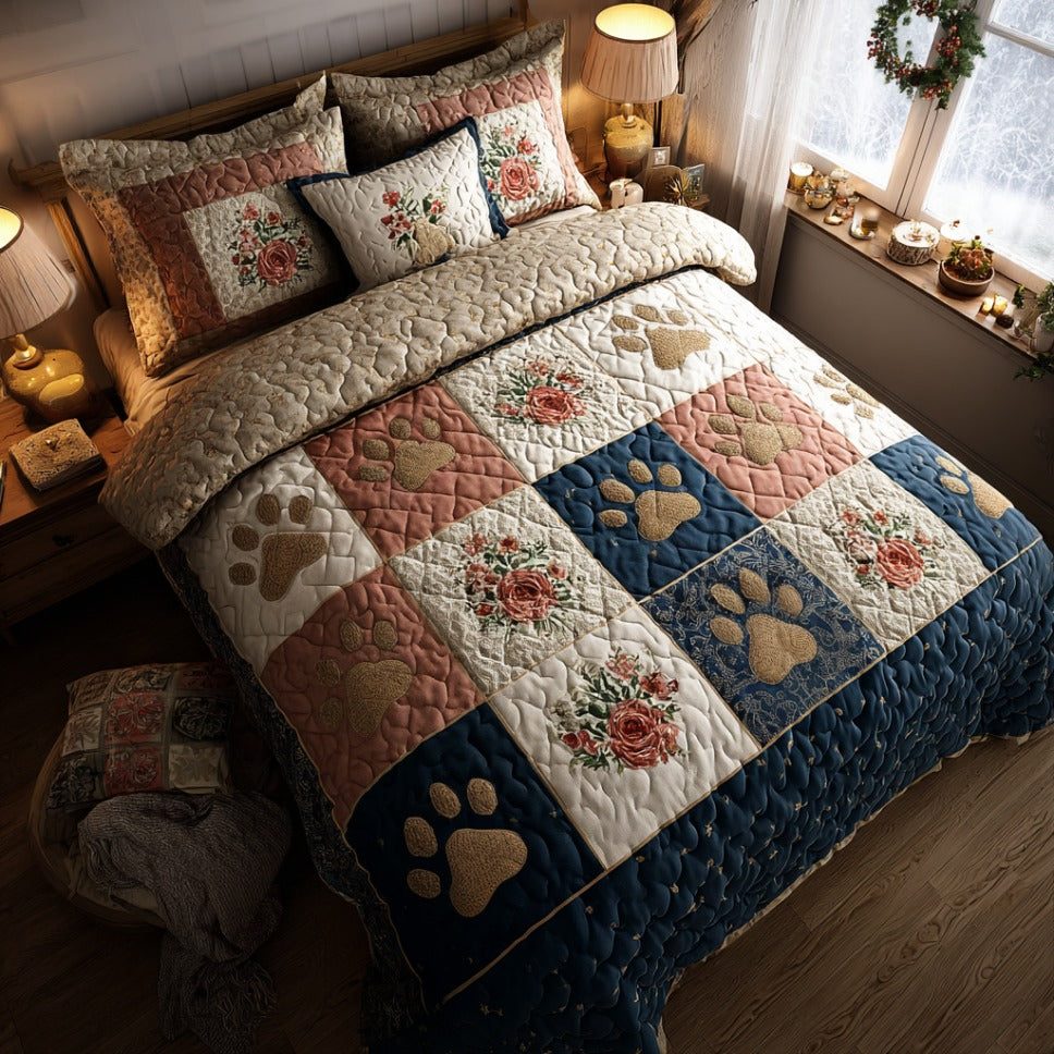 Paw Cottage Charm quilted 3-piece bedding set on a made bed in a farmhouse bedroom
