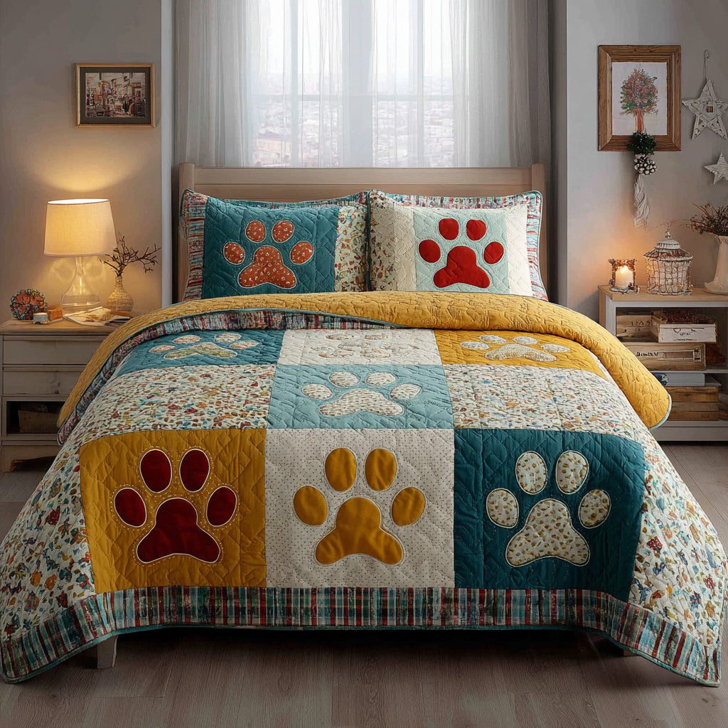 Paw Haven quilted 3-piece bedding set on a made bed with two matching pillow shams