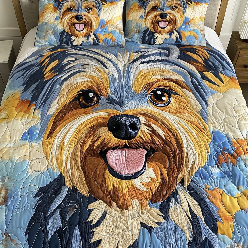 Paw Paradise quilted 3-piece bedding set on a made bed with two matching pillow shams