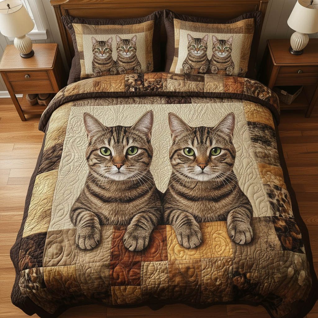 Pawfect Gang quilted 3-piece bedding set on a made bed with two matching pillow shams