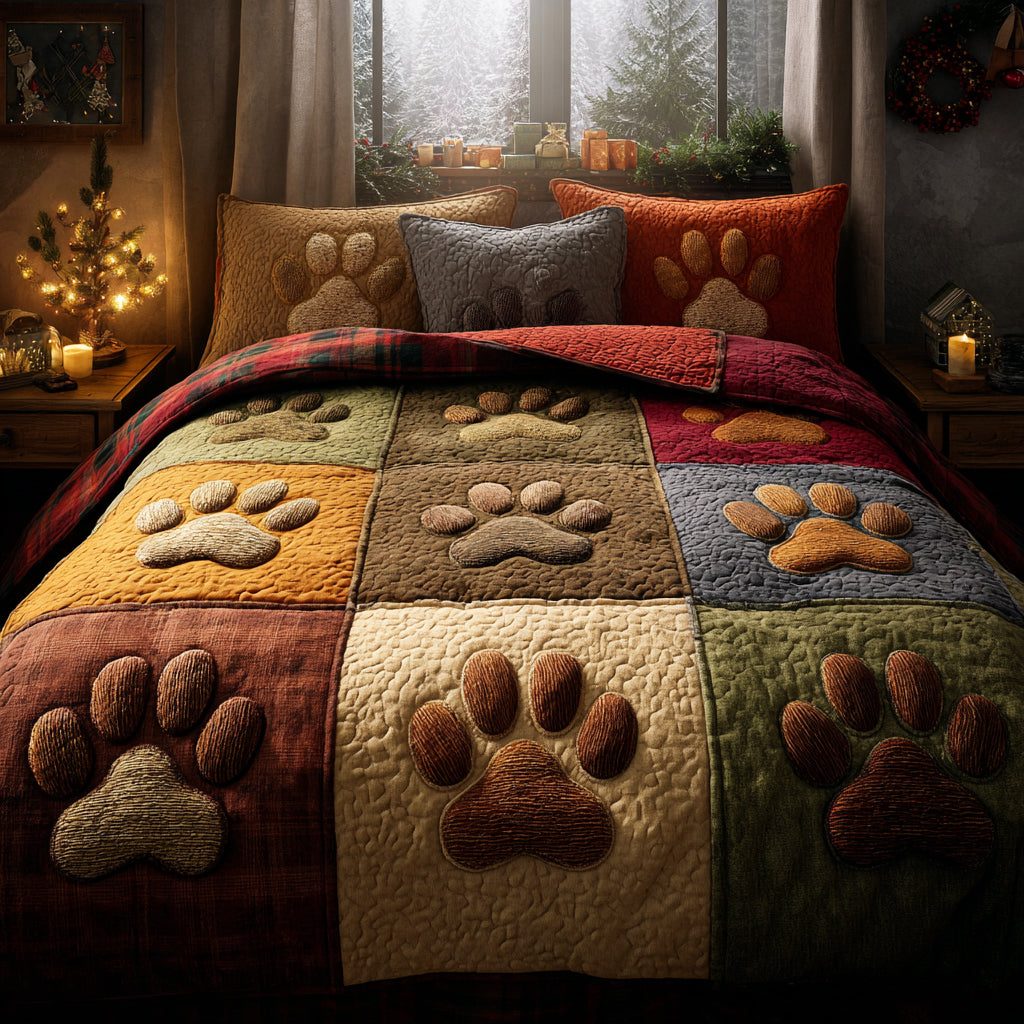 Pawprint Patchwork quilted 3-piece bedding set on a made bed in a farmhouse bedroom