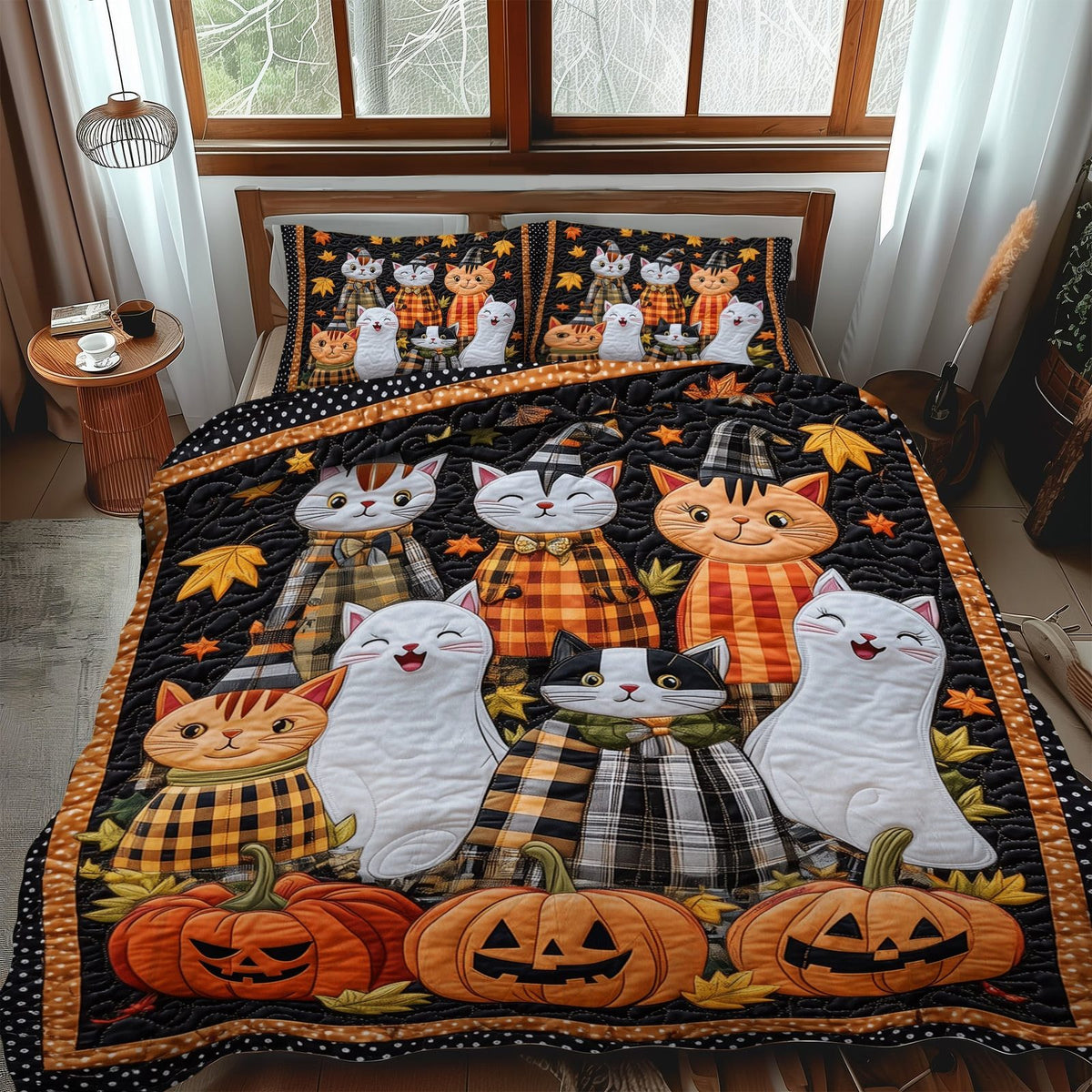 Paws and Pumpkins quilted 3-piece bedding set on a made bed against a dark styled interior