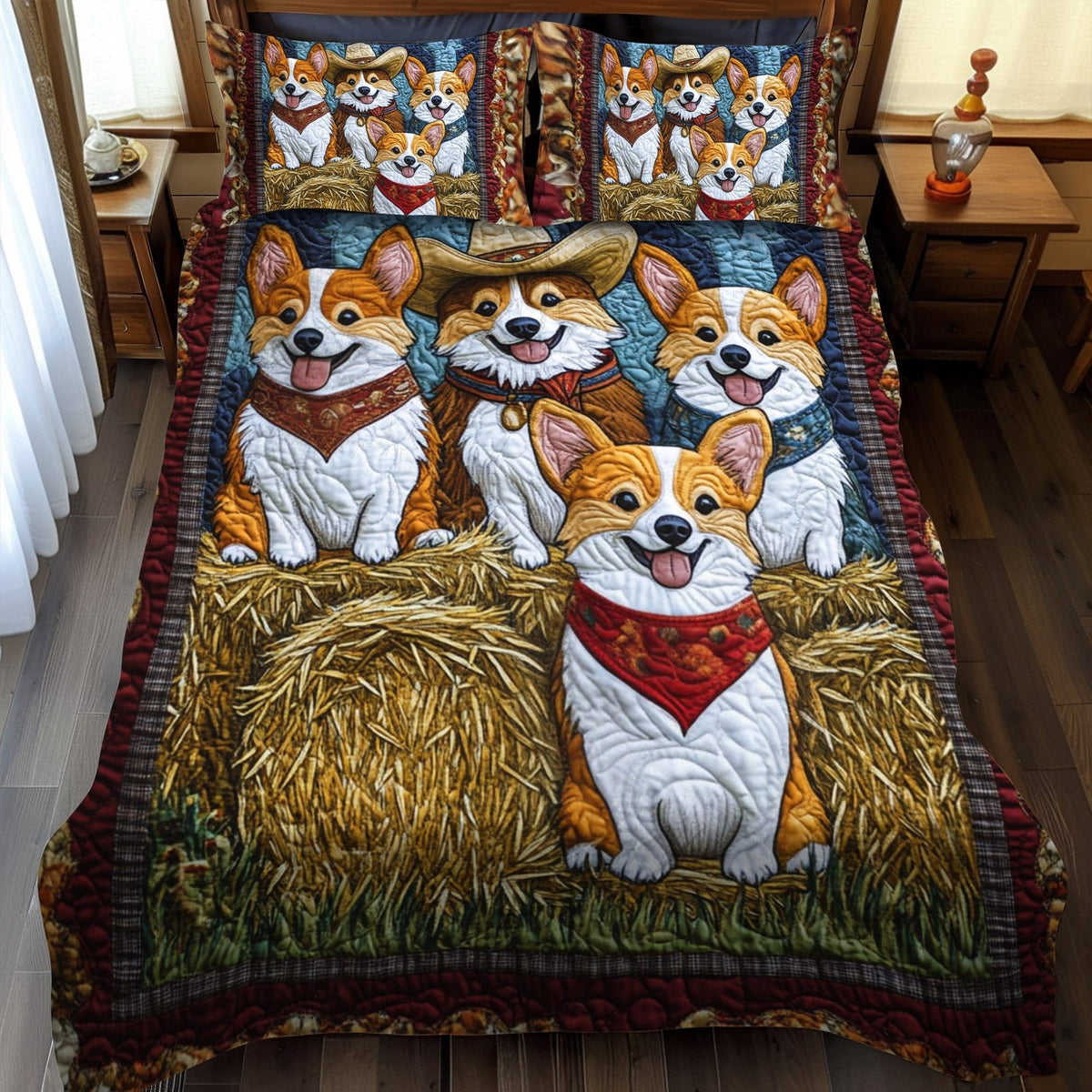 Paws and Smiles quilted 3-piece bedding set on a made bed with two matching pillow shams