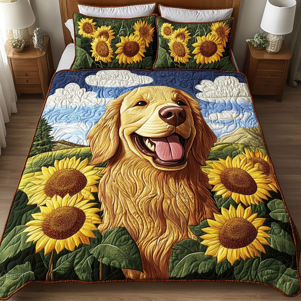 Paws of Joy quilted 3-piece bedding set on a made bed with two matching pillow shams
