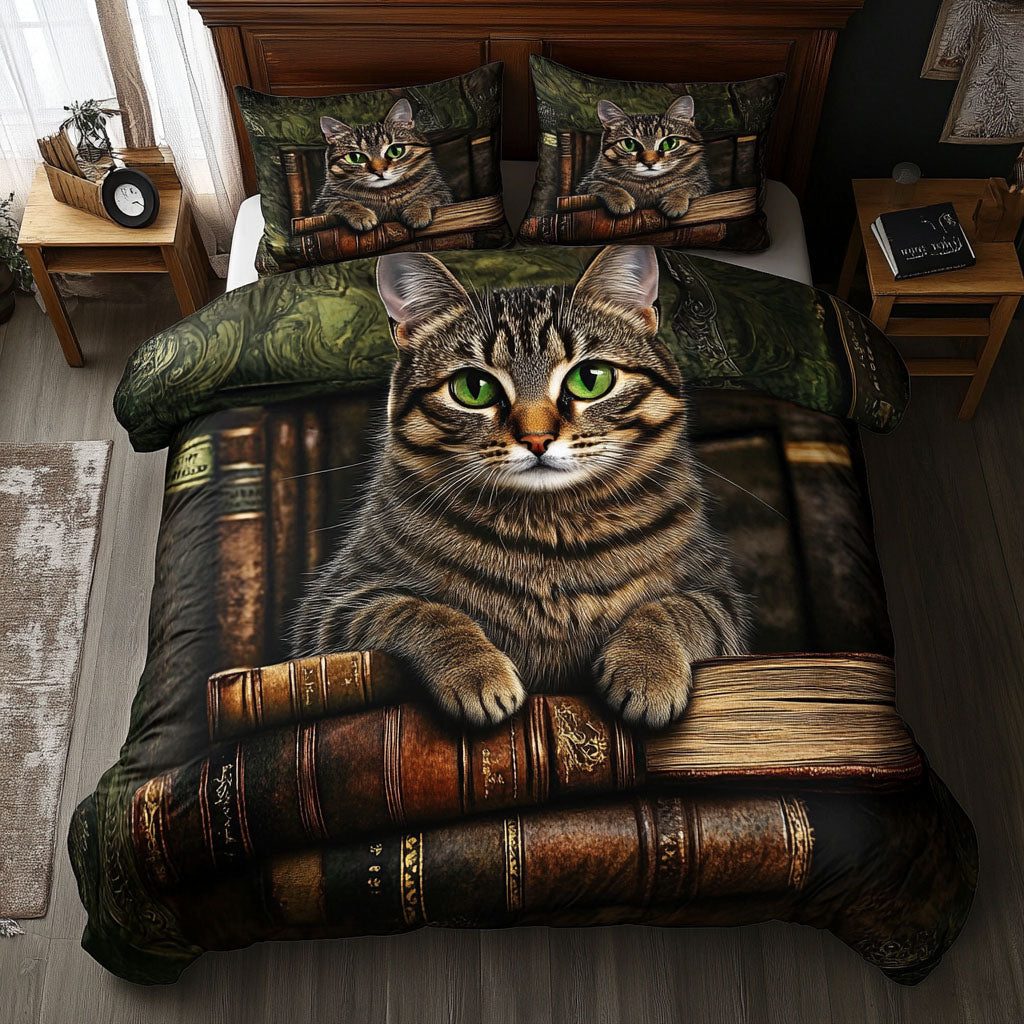 Paws on Pages quilted 3-piece bedding set on a made bed with two matching pillow shams