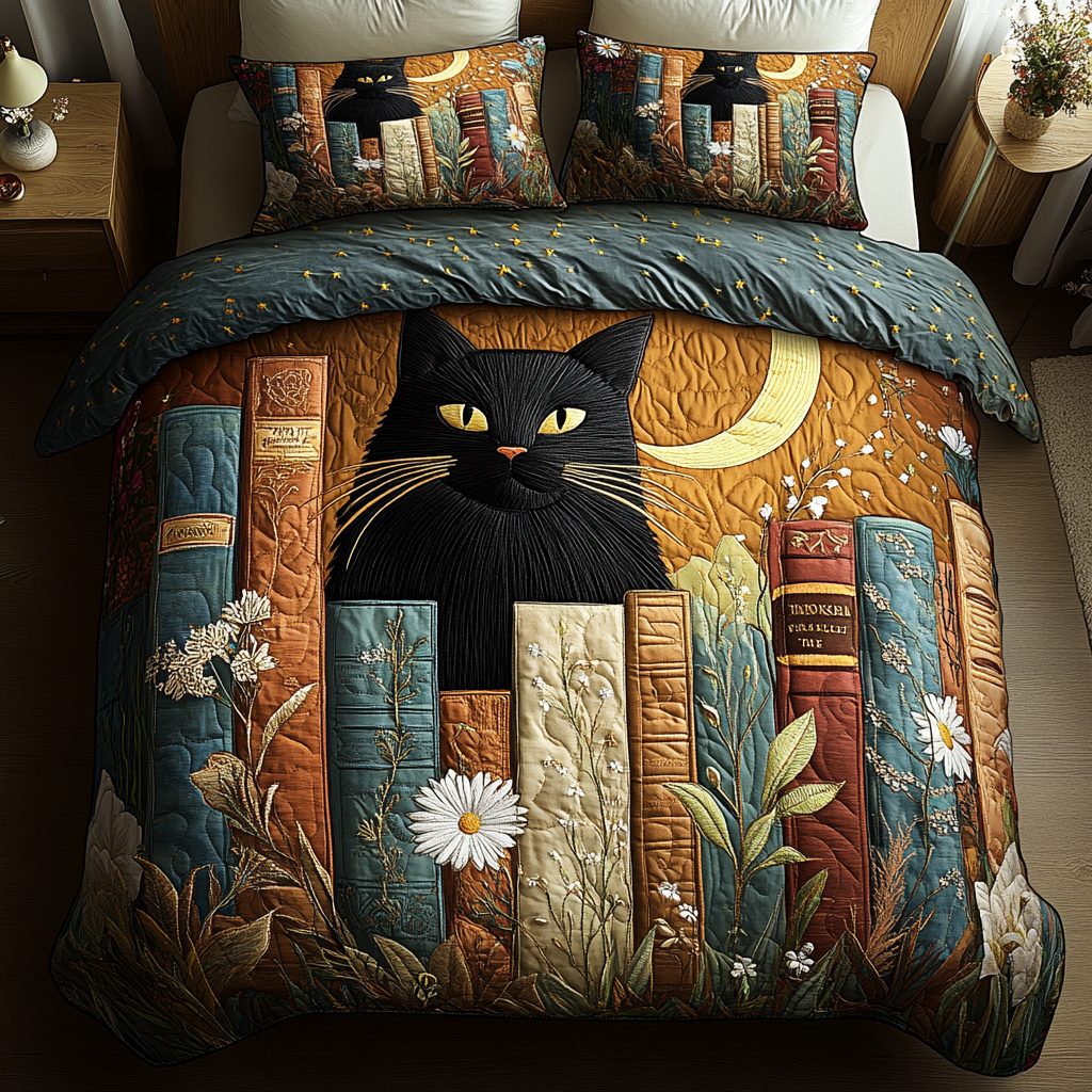 Paws Pages quilted 3-piece bedding set on a made bed with two matching pillow shams