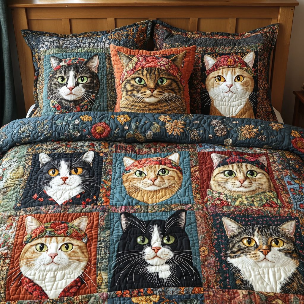 Paws Whimsy quilted 3-piece bedding set on a made bed with two matching pillow shams