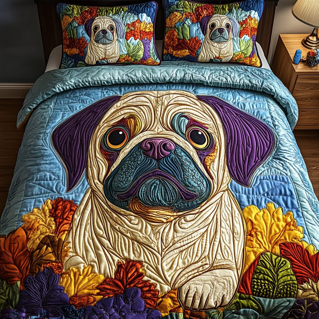 Pawsome Pug quilted 3-piece bedding set on a made bed with two matching pillow shams