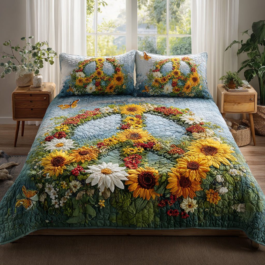 Peace Bloom Meadow quilted 3-piece bedding set on a made bed with two matching pillow shams
