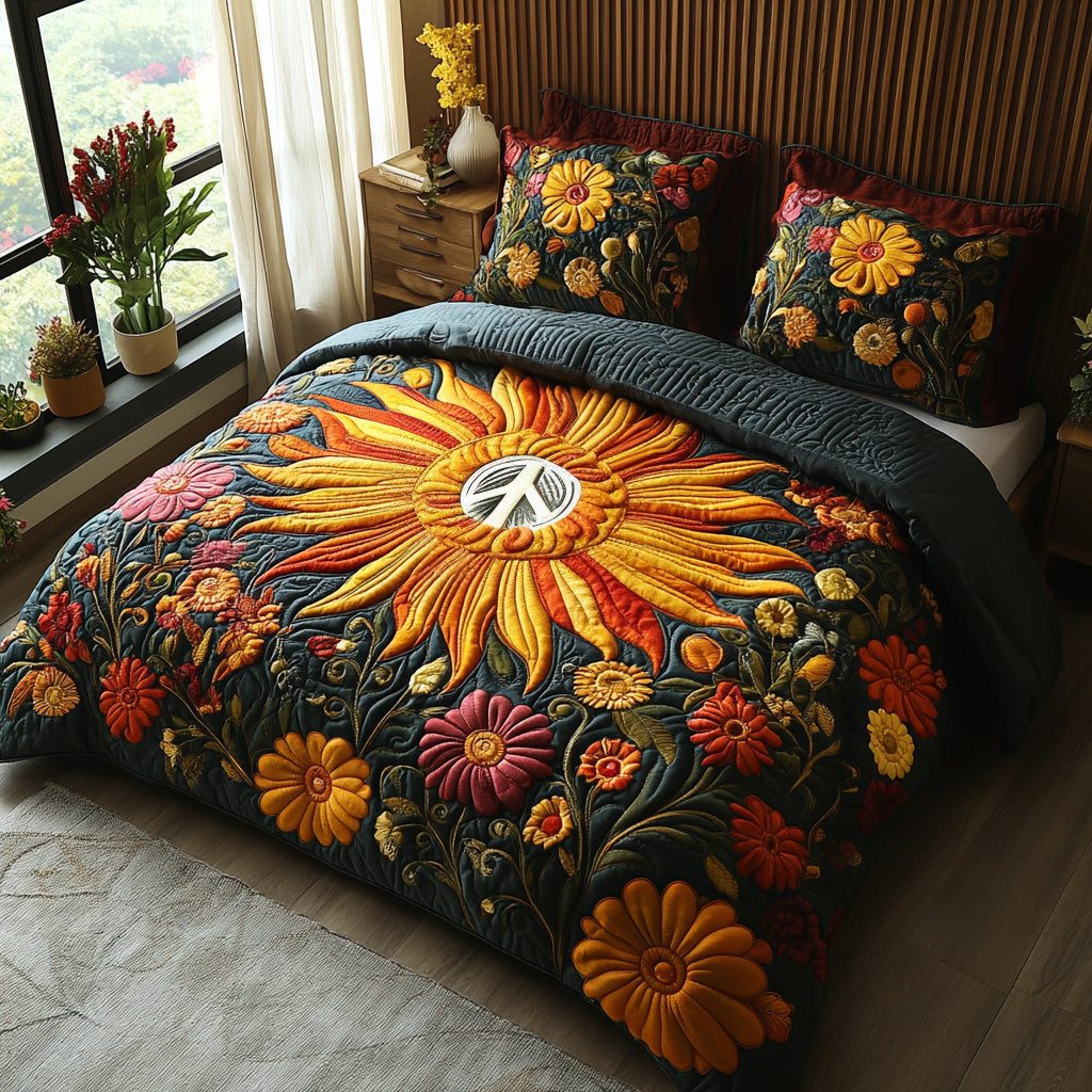 Peace Bloom quilted 3-piece bedding set on a made bed with two matching pillow shams