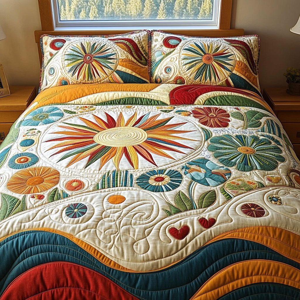 Peace Path quilted 3-piece bedding set on a made bed with two matching pillow shams