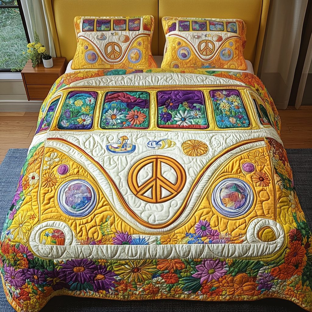 Peace Ride quilted 3-piece bedding set on a made bed with two matching pillow shams