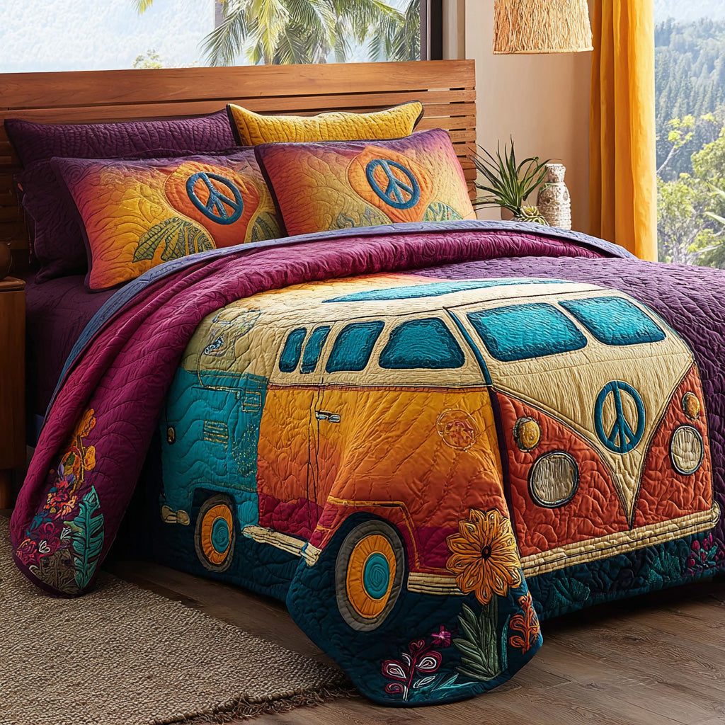 Peace Rider quilted 3-piece bedding set on a made bed with two matching pillow shams