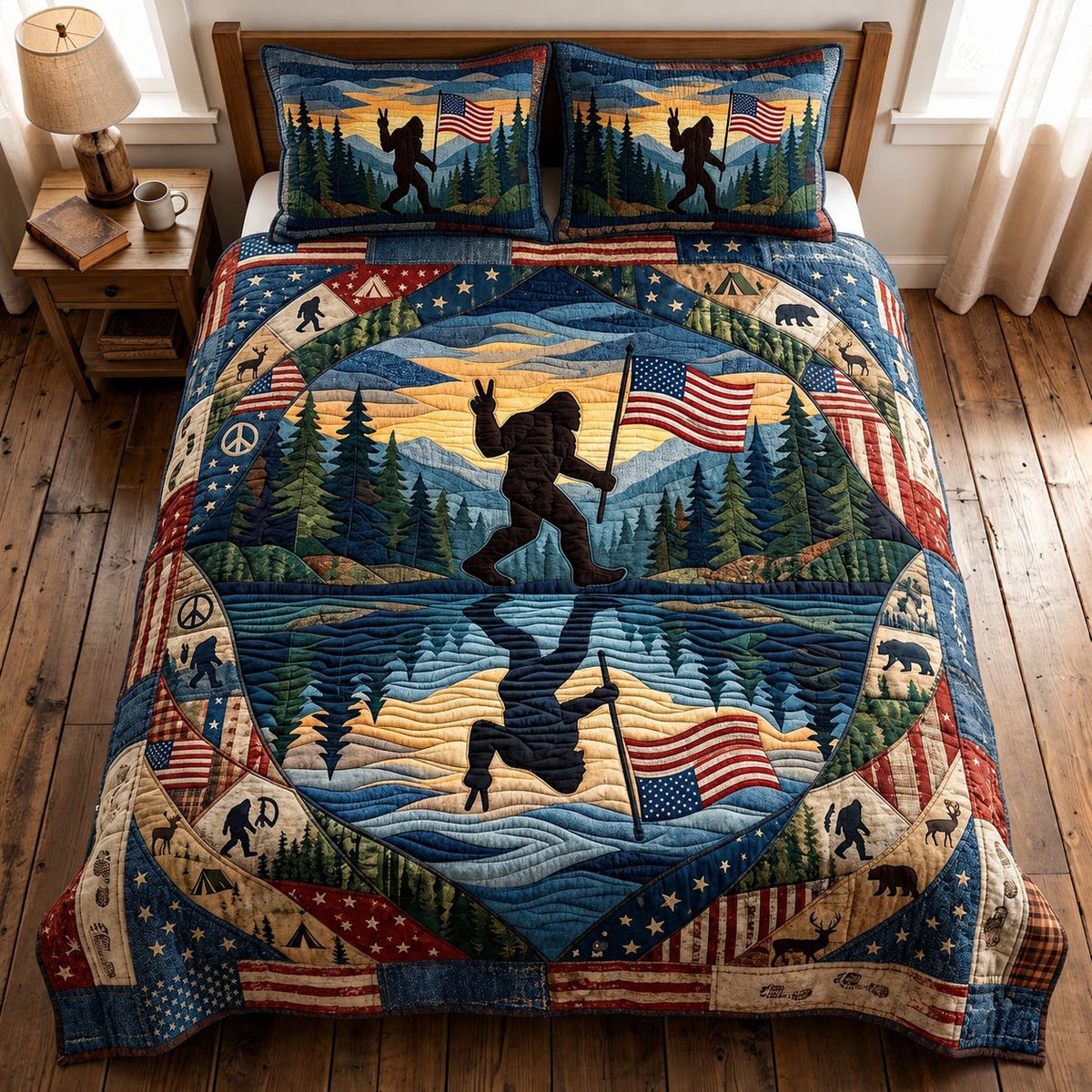 Peace Trails quilted 3-piece bedding set on a made bed with two matching pillow shams