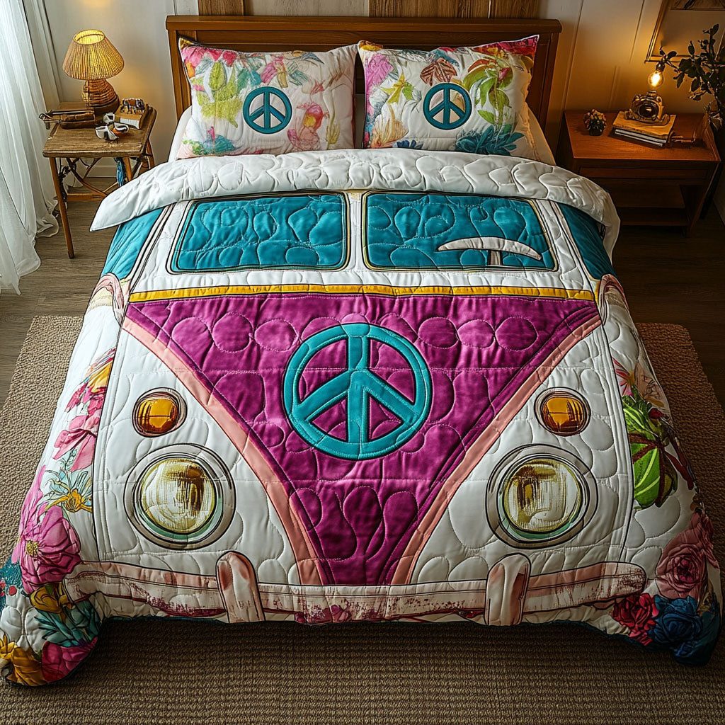 Peace Van Pink quilted 3-piece bedding set on a made bed with two matching pillow shams