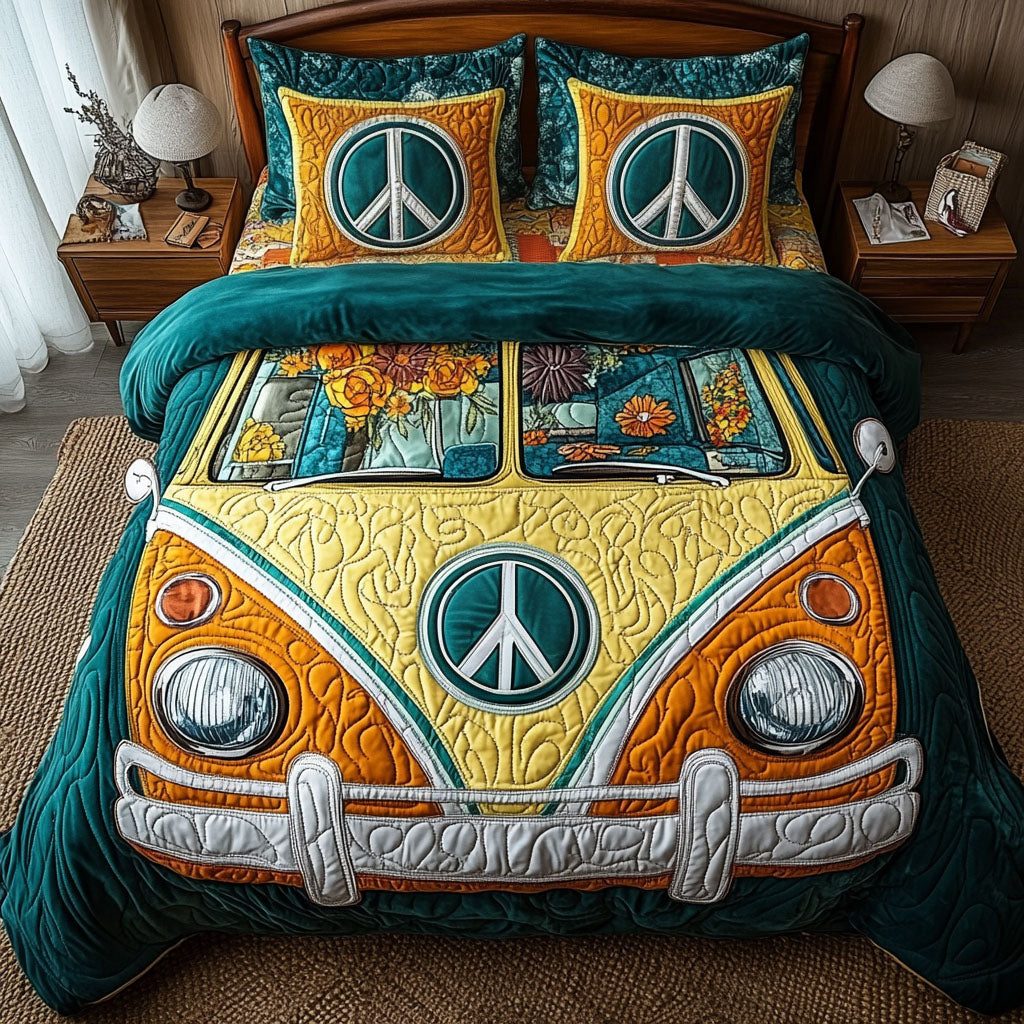 Peace Van Yellow quilted 3-piece bedding set on a made bed with two matching pillow shams