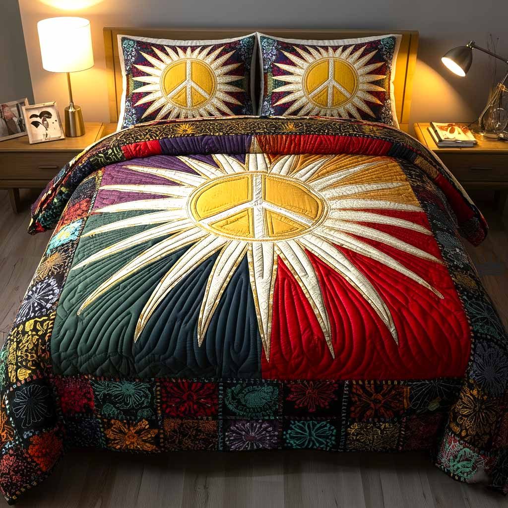 Peace Vibes quilted 3-piece bedding set on a made bed with two matching pillow shams