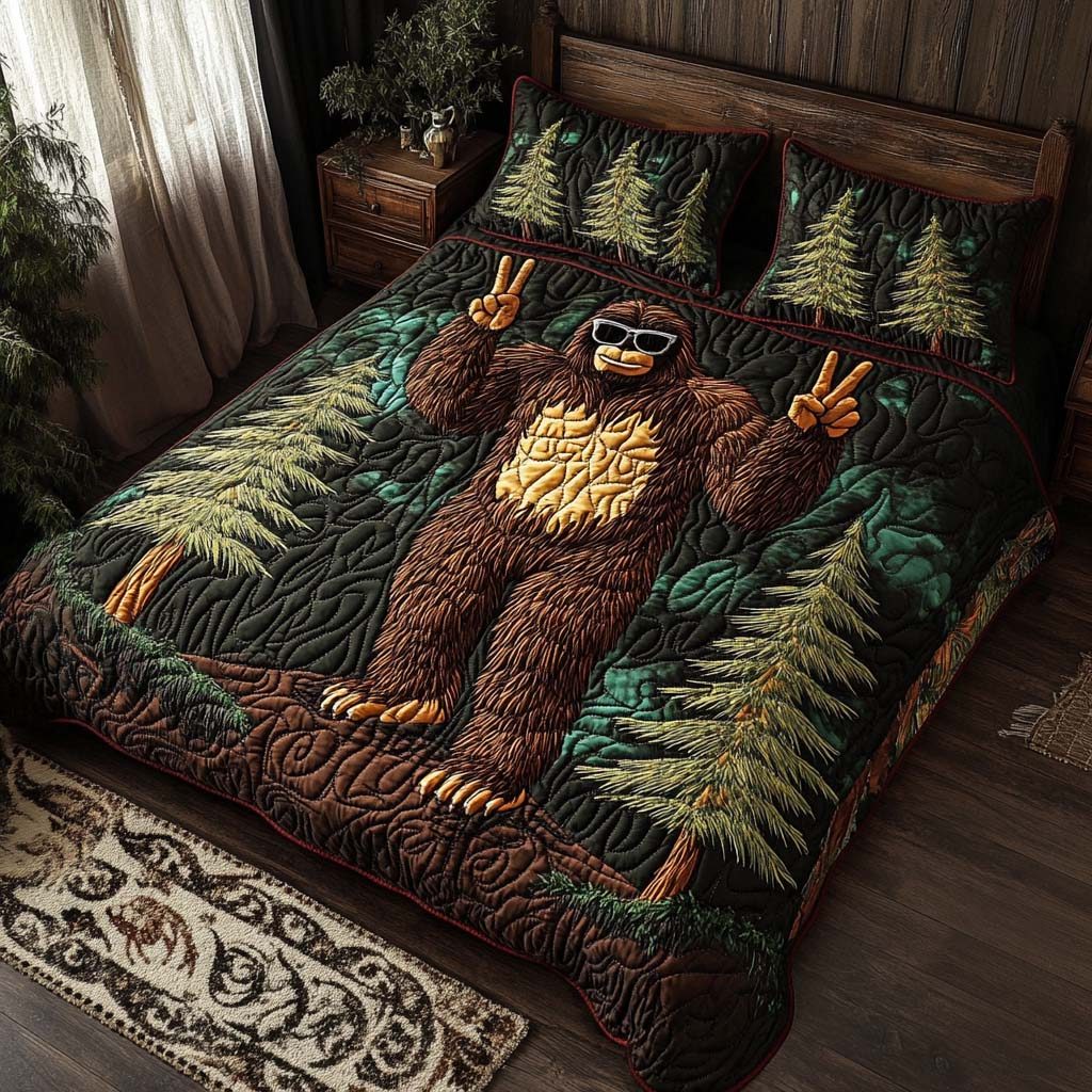 Peaceful Beast quilted 3-piece bedding set on a made bed with two matching pillow shams