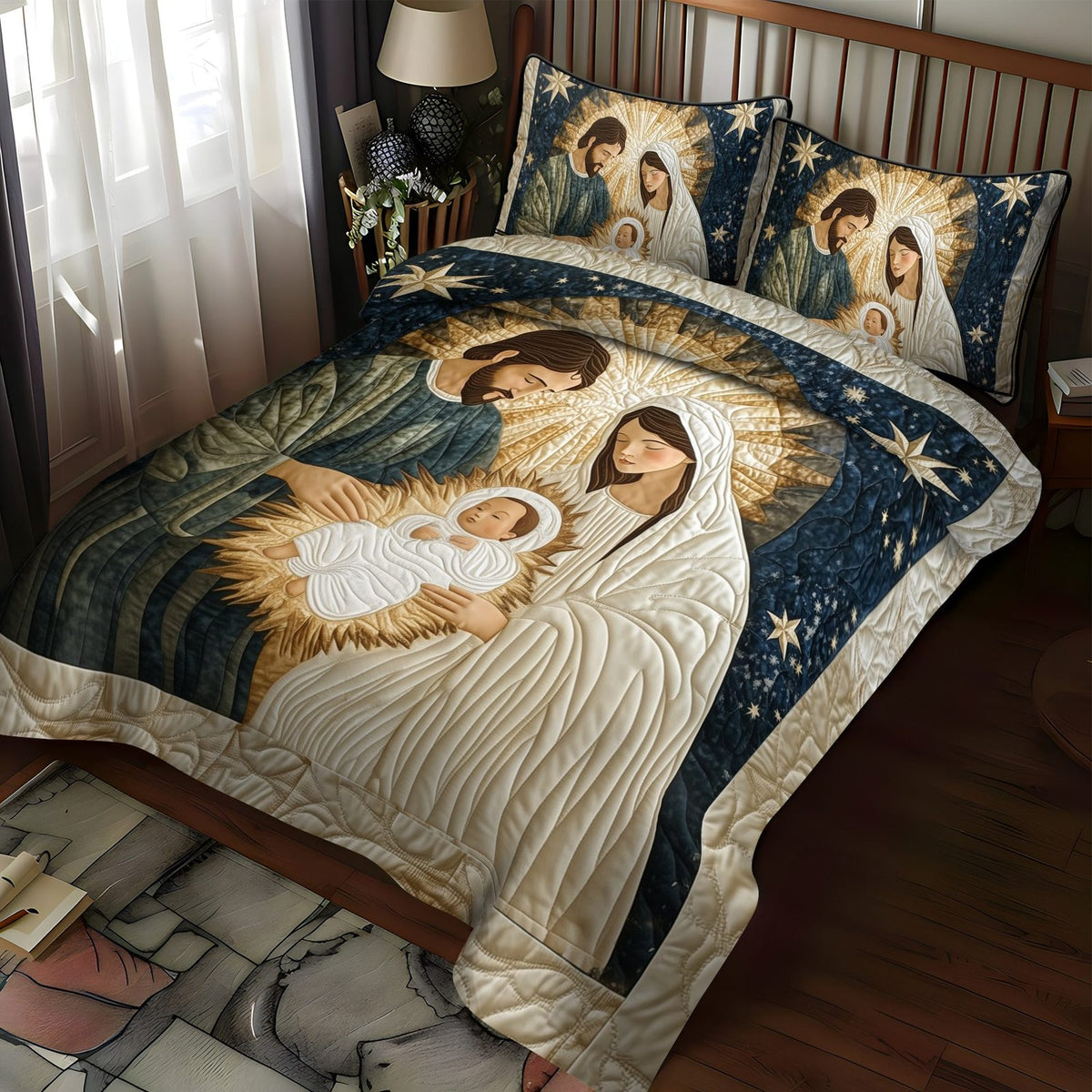 Peaceful Blessings quilted 3-piece bedding set on a made bed with two matching pillow shams